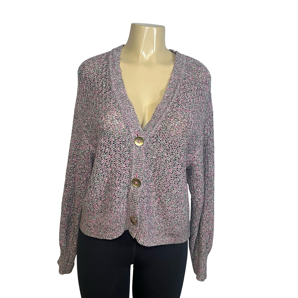 J. Jill Women Pink Green Space Dye Cotton Knit V-Neck Button Cardigan Sweater M